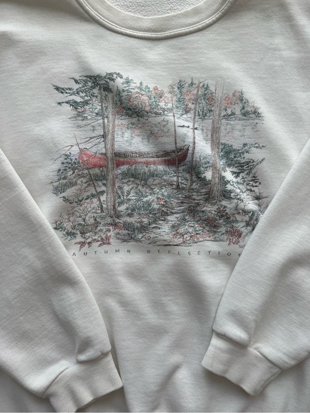 Vintage Autumn Reflection Crewneck Sweatshirt - White with Scenic Print